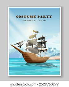Pirate party poster. Boat with black sails. Nautical travel and trip, adventure and journey. Fantasy and imagination. Cover or banner. Flat vector illustration isolated on grey background