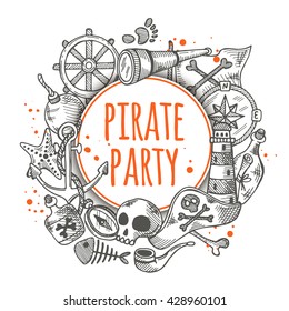 Pirate party. Round circle composition with pirate elements. Hand drawn vector illustration. Anchor, spyglass, lighthouse, roger, treasure, ahoy, bone, money, rum, bottle, palm, cannonball and other.