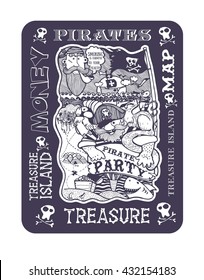 pirate party, pirate, sailor, ship, cat, mouse, Seagull, treasure map, island, freehand drawing, solid