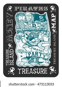 pirate party, pirate, sailor, ship, cat, mouse, Seagull, treasure map, island, freehand drawing, solid