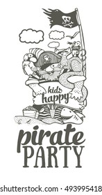 pirate party, pirate, sailor, ship, cat, mouse, Seagull, treasure map, island, freehand drawing, solid