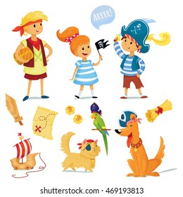 pirate party vector illustration. kids and animals dressed like pirates.