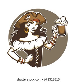 Pirate Party, vector portrait of beautiful lady in corsair costume and hat hold a draft beer