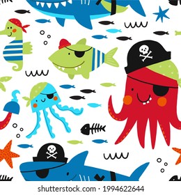 Pirate party - vector print fo kids birthday. Cute animals pirate - seamless pattern. Cartoon character - octopus, shark, jellyfish, starfish, seahorse, fish