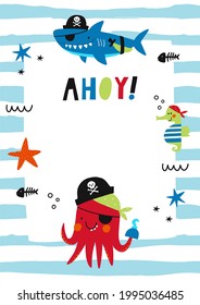 Pirate party - vector print fo kids birthday. Cute animals pirate. . Cartoon character - octopus, shark, jellyfish, starfish, seahorse, fish, crab