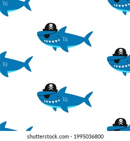 Pirate party - vector print fo kids birthday. Cute Shark pirate seamless pattern