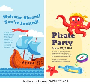 Partido pirata, bienvenido a bordo. Cartel con fecha, invitación para niños y adultos. Divertido tiempo libre y actividades para niños y padres. Banner promocional o publicidad, vector en estilo plano