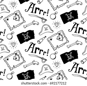 Pirate pattern with Jolly Roger, treasure map,sword, diamonds, pistol, bomb, spyglass and hat.