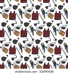 Pirate pattern. Seamless pattern with hand drawn pirate clothing and attributes. Doodle drawing. Vector illustration - swatch inside
