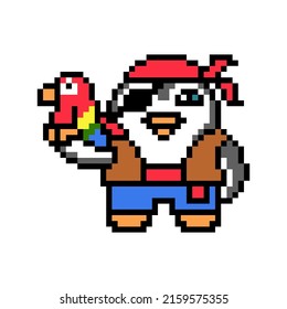 Pirate penguin in a bandana, eye patch and vest holding a parrot, cartoon pixel art animal character isolated on white background. Old school retro 80's, 90's 8 bit slot machine, video game graphics.