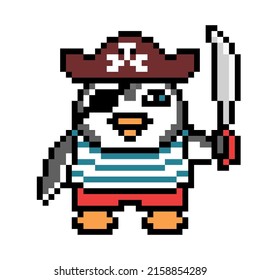 Pirate penguin in a hat, eye patch, striped shirt and red pants with a saber, cartoon pixel art animal character isolated on white background. Retro 80's, 90's 8 bit slot machine, video game graphics 