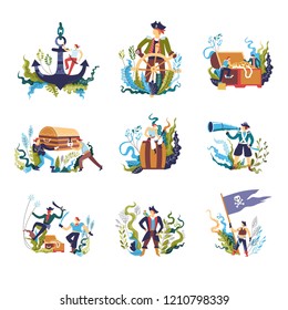 Pirate people with treasures and flag isolated set vector