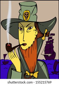 Pirate with a pipe on the background of the sea and sailing ships.