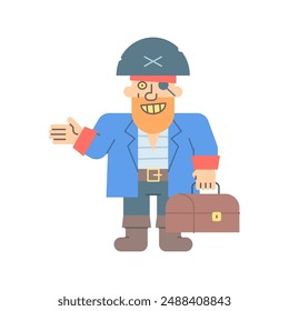 Pirate points hand holding suitcase and smiling. Vector character