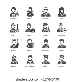 Pirate, Policeman, Painter, Dentist, Priest, Gardener, Maid, Militar, Chef, Policewoman, Bouncer icon 16 set EPS 10 vector format. Icons optimized for both large and small resolutions.