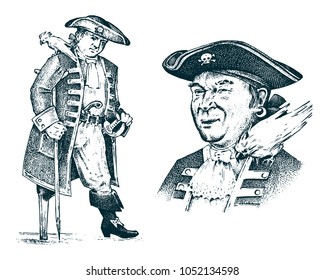 Pirate portrait. Captain man on ship traveling through the oceans and seas. Marine adventure of sailor hook. engraved sketch hand drawn, vintage style. vector design for tattoo or print on t-shirt.