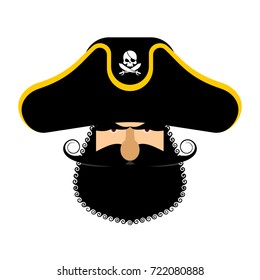 Pirate portrait in hat. Eye patch and smoking pipe. filibuster cap. Bones and Skull. Head corsair black beard. 