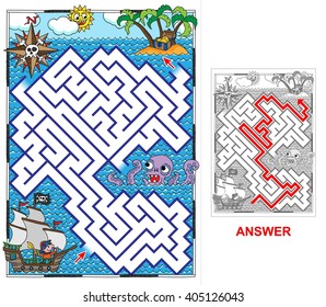 Pirate (portrait).
Help the pirate to find a way to island with a treasure. Variant with square labyrinth.