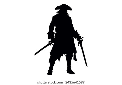 Pirate Poses Vector Silhouette, Pirate in action with sword, pirate silhouettes, 
