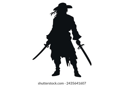 Pirate Poses Vector Silhouette, Pirate in action with sword, pirate silhouettes, 
