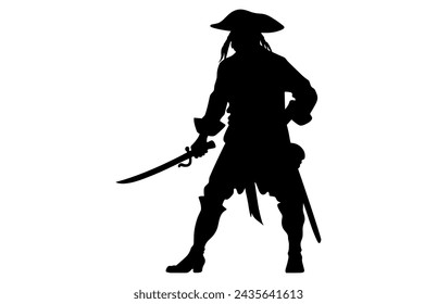 Pirate Poses Vector Silhouette, Pirate in action with sword, pirate silhouettes, 
