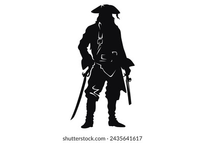 Pirate Poses Vector Silhouette, Pirate in action with sword, pirate silhouettes, 
