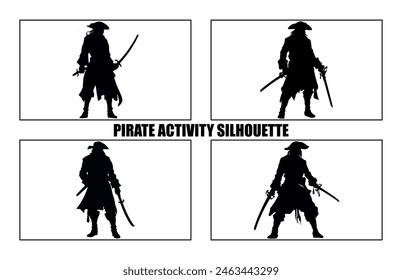 Pirate Poses Vector Silhouette, Pirate in action with sword, pirate silhouettes, 