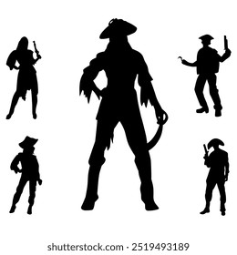 Pirate Poses. Silhuetas vetoriais de piratas em ação com espadas, Isolado Capitão Silhueta. Desenhos com tema de piratas pretos