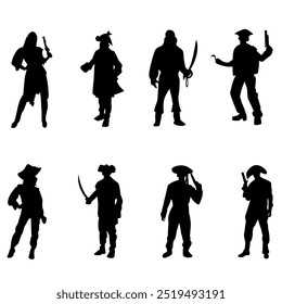 Pirate Poses. Silhuetas vetoriais de piratas em ação com espadas, Isolado Capitão Silhueta. Desenhos com tema de piratas pretos