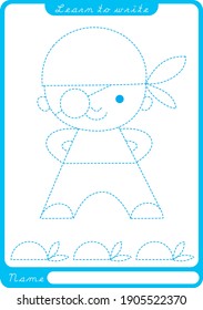 Pirate. Preschool worksheet for practicing fine motor skills - tracing dashed lines. Tracing Worksheet.  Illustration and vector outline - A4 paper ready to print.