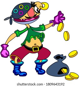 El pirata pone dinero en una bolsa.