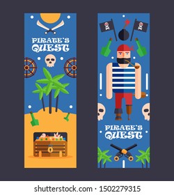 Pirate quest game banner, vector illustration. Fun activity event for children, pirate style party. Flat cartoon style funny corsair character, icons of piracy. Game invitation banner