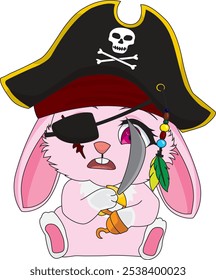 Pirate rabbit with hat eyepatch sword vector bunny character mascot