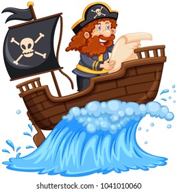 Pirate reading map on ship illustration