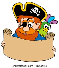 Pirate reading treasure map - vector illustration.