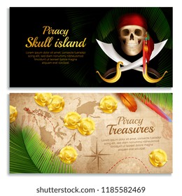 Pirate realistic horizontal banners set with treasures symbols isolated vector illustration