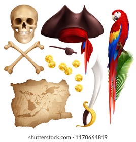 Pirate realistic icons set of aged map gold coins smoking pipe saber parrot skull and pirate hat isolated vector illustration 