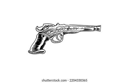 Pirate Revolver. Engraved Hand Drawn, Vintage Sketch For Tattoo Or Print On T-shirt. Pistol Or Handgun.