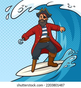 Pirate rides surfboard on ocean wave pinup pop art retro vector illustration. Comic book style imitation.