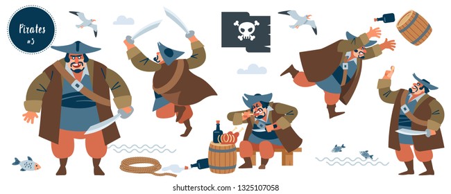 Pirate. Robber, bandit.  Big pirate character in different situations. Isolated vector illustration.