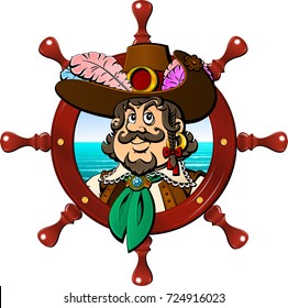 Pirate. In a round frame from the ship steering wheel. Avatar, icon, emblem.