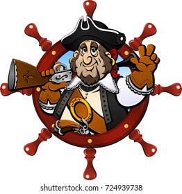 Pirate. In a round frame from the ship steering wheel. Avatar, icon, emblem.