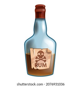 Pirate rum bottle glass vector illustration, vintage bar liquor, old alcoholic beverage jolly roger skull sign. Game icon, cartoon brown scotch drink grunge label isolated on white. Pirate rum clipart