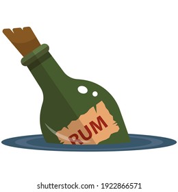 Vector pirata de botellas de ron. Alcohol vintage bebe vidrios con etiqueta flotando en agua aislada sobre fondo blanco. Ilustración de bebidas de marinero