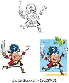 Pirate Running with Sword and Hook. Vector Collection