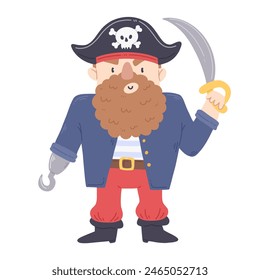 A pirate with a saber in a cartoon flat style. A vector pirate character illustration isolated on a white background.