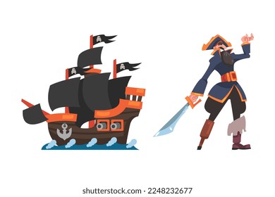 Pirate with Saber and Ship or Caravel with Black Sail and Flying Flags with Skull and Crossbones Vector Set