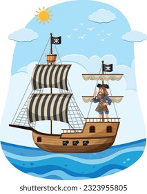 Pirate sail the boat in the sea illustration