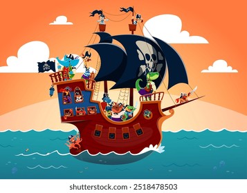 Navio-vela pirata com personagens de marinheiro animal no oceano azul. Vetor cartoon navio pirata, veleiro ou brigantino com tripulação corsária no convés, velas pretas, bandeiras e canhões. Engraçado navio de bandidos do mar