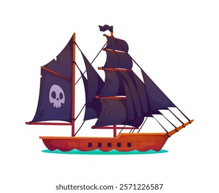 Pirate sail ship, cartoon vector sea buccaneer and corsair sailing transportation. Old frigate with black sails, jolly roger skull, flag and wooden hull. Brigantine on ocean waves ready for adventure